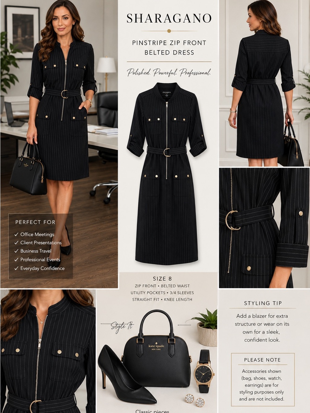Sharagano Black Pinstripe Zip-Front Belted Midi Shirt Dress front zip